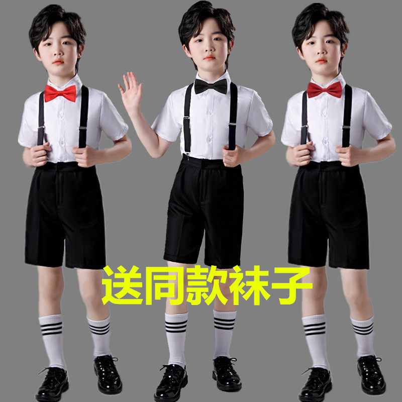 Boys' white short-sleeved shirts, trousers, black shorts suits, red bow tie costumes, children's flower girl dresses, costumes
