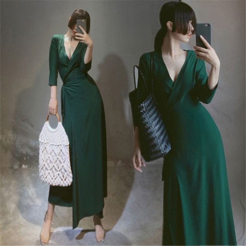Summer Plus-Size Women's Solid Color Dress, Slim Fit V-Neck, Sexy and Slimming Long Dress, One-Piece Slit Wrap Dress