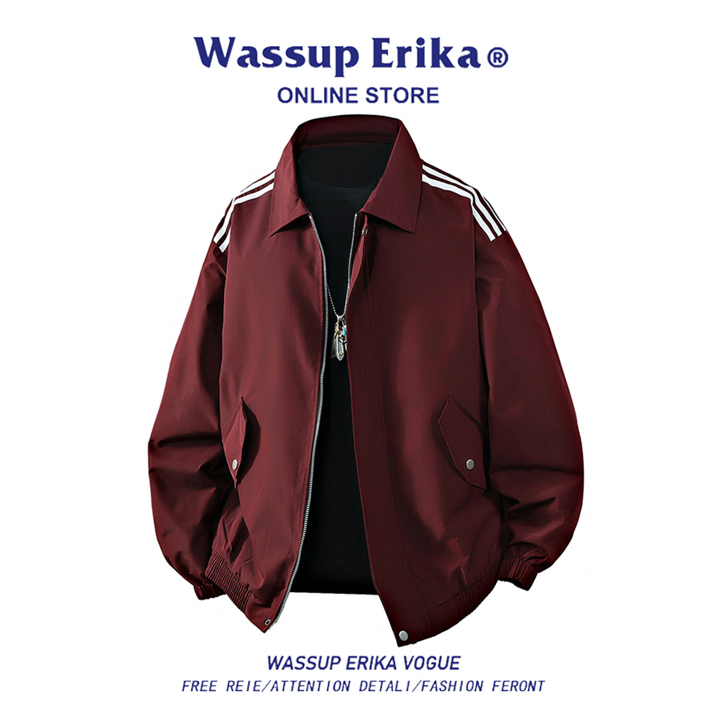 WASSUP ERIKA春秋新款翻领酒红色夹克情侣条纹教练夹克飞行员外套