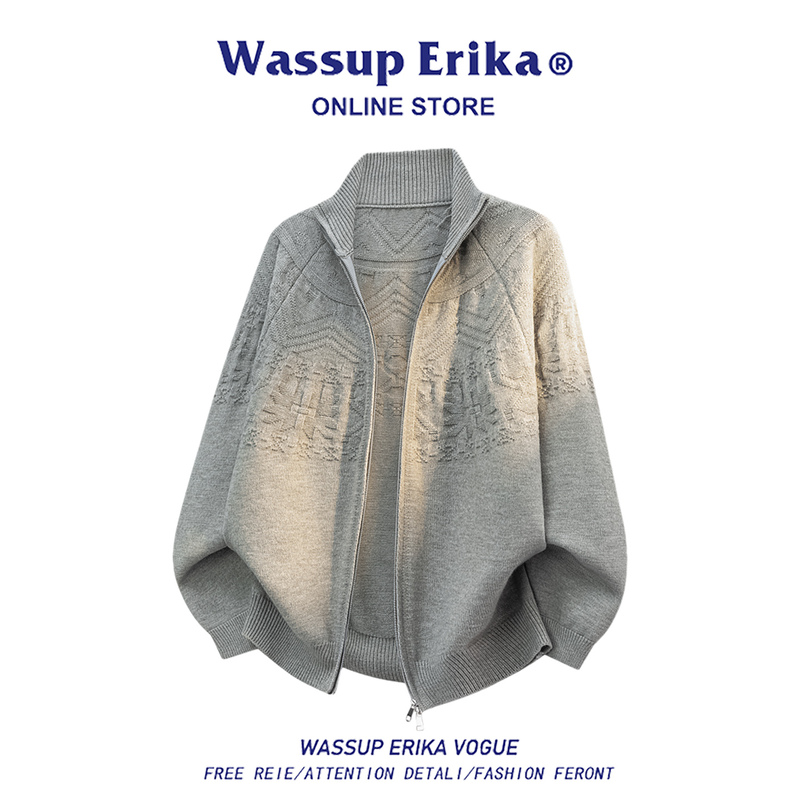 Wassup Erika American-Style Cardigan Sweater for Men, Autumn Niche Jacquard Retro Casual Knitwear Jacket
