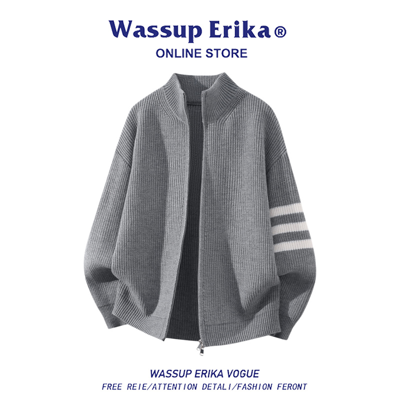 Wassup Erika Old Money Style Double Zipper Knitted Striped Color-Block Sweater Men's Autumn Casual Cardigan Jacket