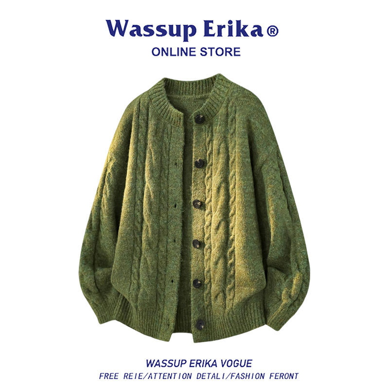 Wassup Erika Green Knitted Cardigan Jacket for Men, Autumn Lazy Casual Loose Old Money Style Sweater Wassup Erika Green Knitted Cardigan Jacket for Men, Autumn Lazy Casual Loose Old Money Style Sweater