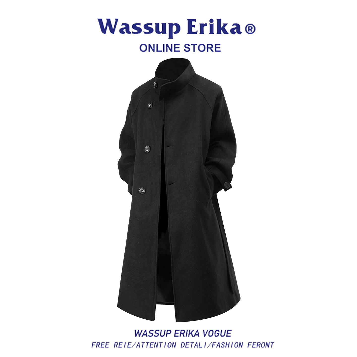 WASSUP ERIKA, черный костюм, ветровка, мужской осенне-зимний костюм 2025 года, высококачественное повседневное шерстяное пальто средней длины