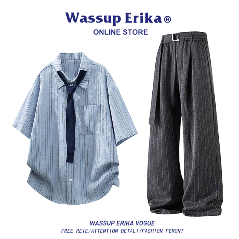 Wassup Erika Japanese-Style Striped Tie Short-Sleeve Shirt Casual Suit for Men, Pure and Relaxed Style Outfit Set Wassup Erika Japanese-Style Striped Tie Short-Sleeve Shirt Casual Suit for Men, Pure and Relaxed Style Outfit Set