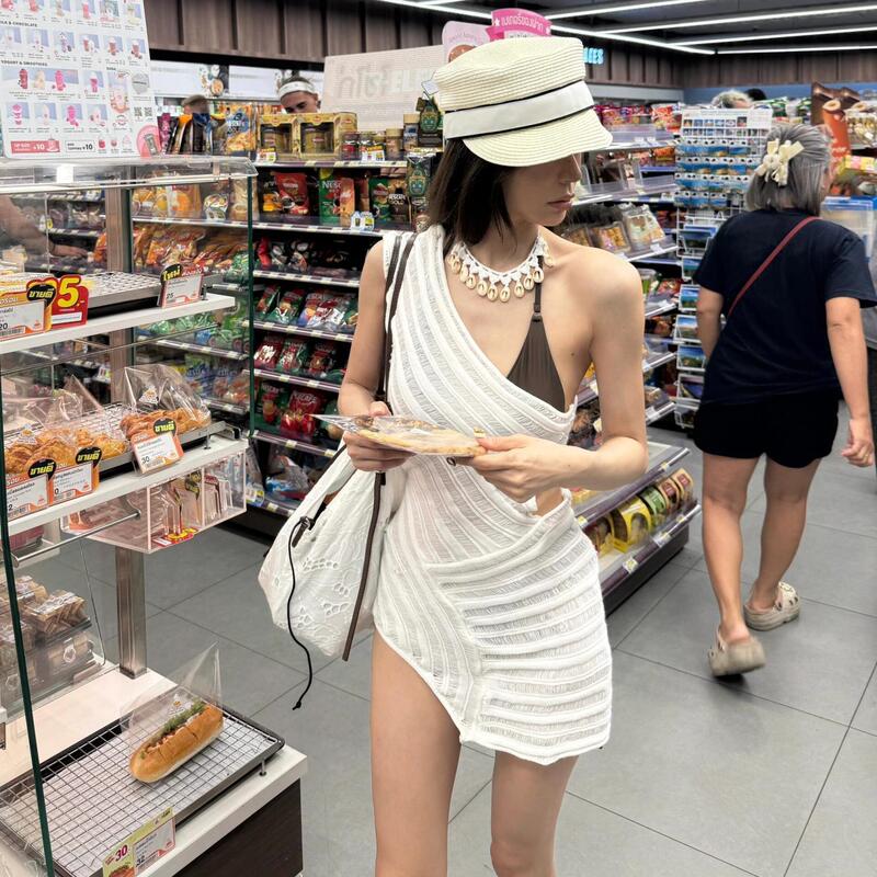 Cos Mini Is a Gem! Milk Coffee-Colored Bikini, Cover-Up One-Shoulder Dress, Knitted Hollow-Out Irregular Slim-Fit Dress