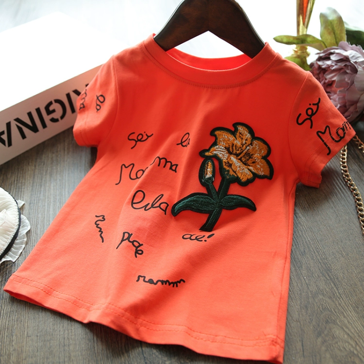 2018 mùa hè mới cô gái Hàn Quốc T-Shirt thời trang đơn giản màu rắn lily in ấn thư vòng cổ áo thun ngắn tay áo