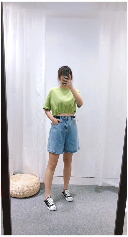 Wu Datong gella2020 mùa hè eo cao đã mỏng chân rộng năm điểm quần short denim thắt lưng eo quần thẳng nữ - Quần short