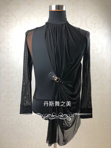 Male Latin Dance Arts College Entrance Examination Competition Exercises Performance Naked clothing Splicing Gauze High Collar Long Sleeve Black Autumn Clothes Body Clothing