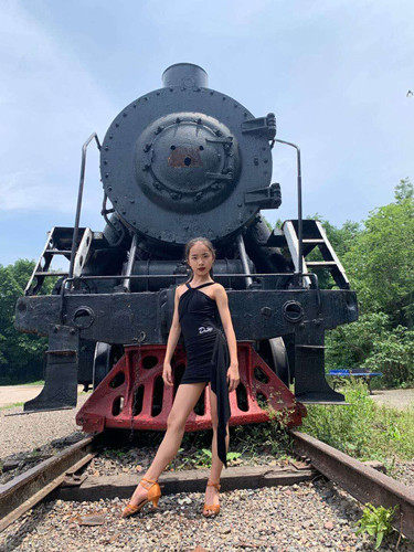 Dancer dance toddler adult Latin dance practice harness with body skirt with creamy ruffles streaming sudo elements