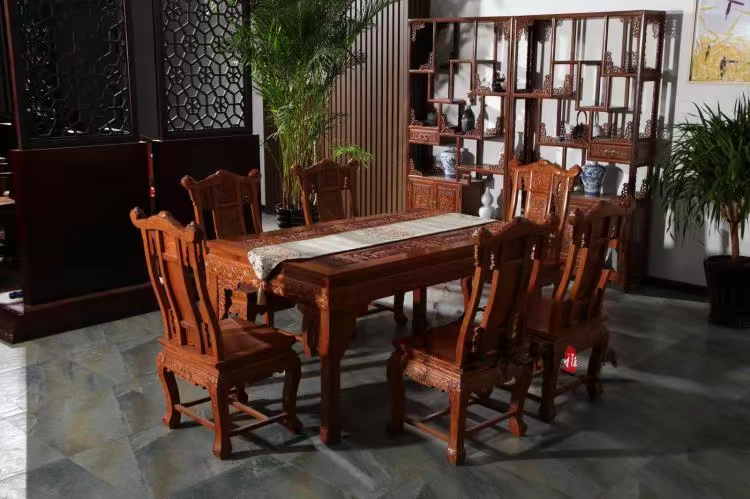 Yu Cheng Xuan gỗ gụ đồ nội thất Trung Quốc cổ điển Châu Phi gỗ hồng mộc Miến Điện gỗ hồng mộc Ganoderma lucidum pasta bàn ăn và ghế Bàn ăn phương Tây - Bộ đồ nội thất giường gấp