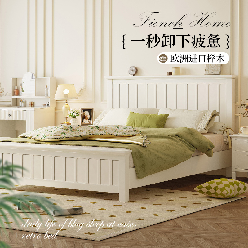 Beech Solid Wood Bed, Cream Style, American Princess Girl's Bedroom, White, 1.8m Double Bedroom, Home Use, Guangdong Foshan