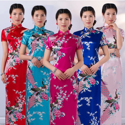 Длинное ципао, этническое платье для матери, короткий рукав, облегающий крой, этнический стиль, китайский стиль