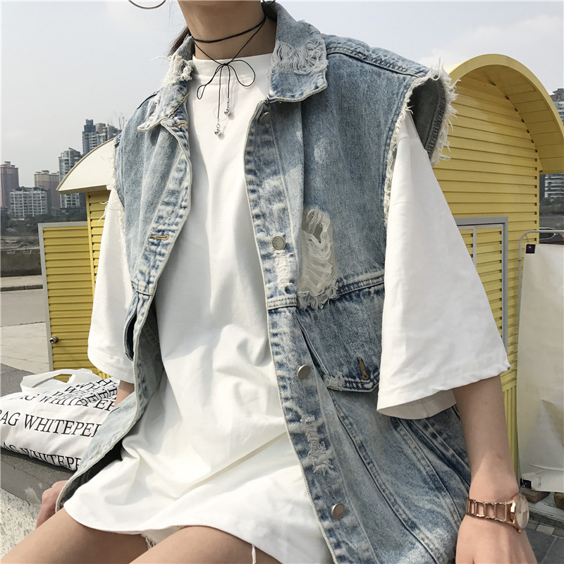 phiên bản Hàn Quốc phụ nữ mùa xuân của lỗ cá tính làm woolside cũ lỏng denim jacket tay sinh viên áo khoác vest