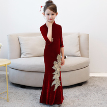 Girls Cheongsam summer Chinese style childrens Tang dress dress Little girl catwalk Guzheng performance suit spring and autumn long section