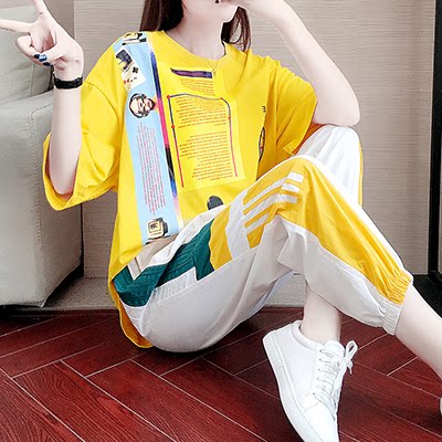 休闲运动套装女夏季2019新款潮牌时尚洋气显瘦韩版港味长裤两件套