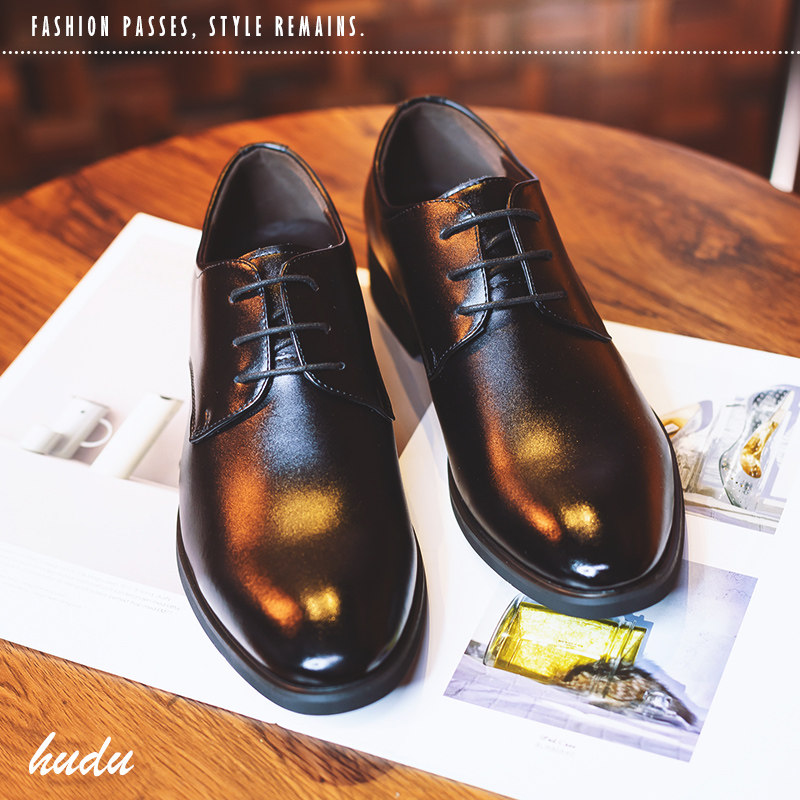 Men's Leather Shoes, Business Formal Wear, Genuine Leather, Black, Korean Style, British Casual, Round Toe, Height-Increasing, Brogue, for Teenagers