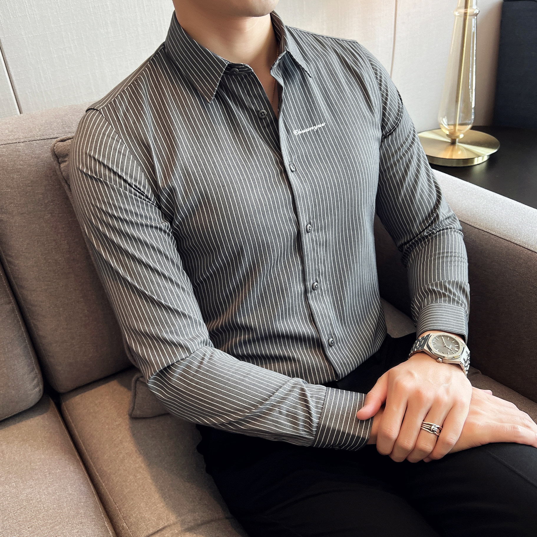Men's Long-Sleeve Spring and Autumn White Shirt, Business Slim-Fit Professional Formal Embroidered Striped Shirt, Casual Youth Base Layer Trendy