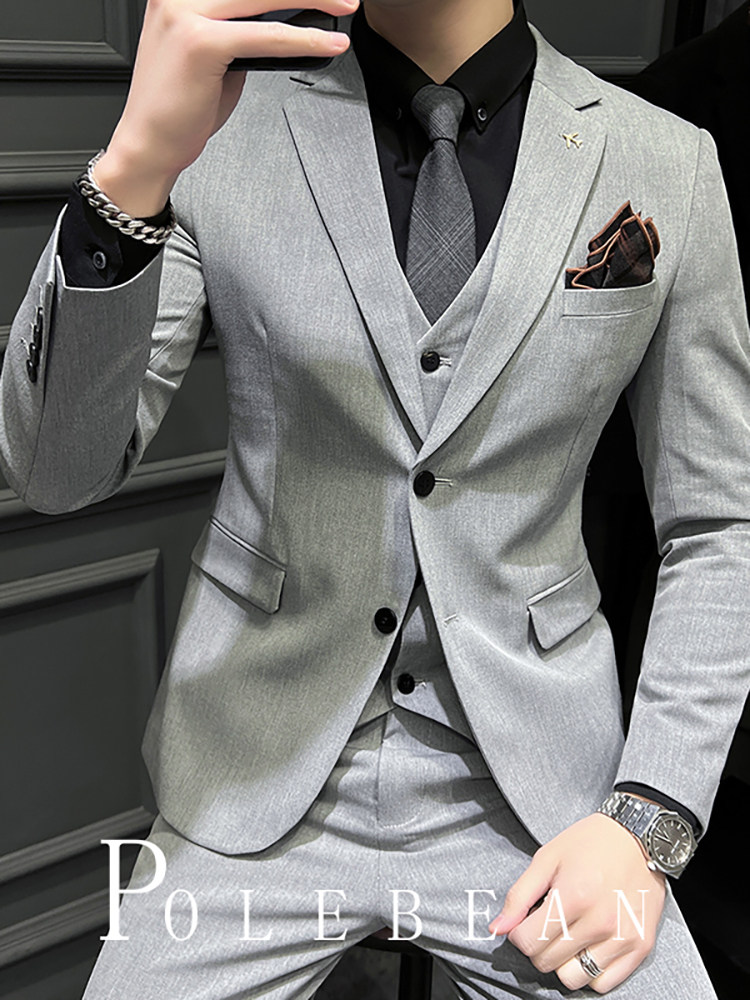 Groom's Wedding Suit, Men's Business Korean Style Slim Fit Professional Formal Suit, Men's Casual Jacket Three-Piece Set