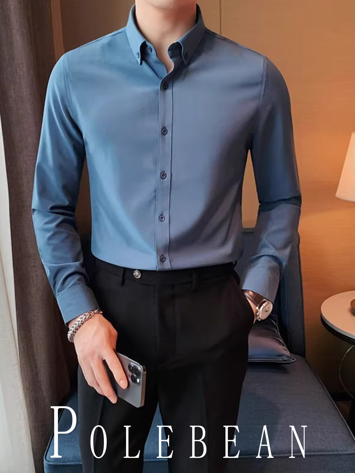 New High-End Professional Solid Color Commuter Long-Sleeved Shirt for Men, Versatile Business Casual Inner Wear, Stretchy Men's Shirt