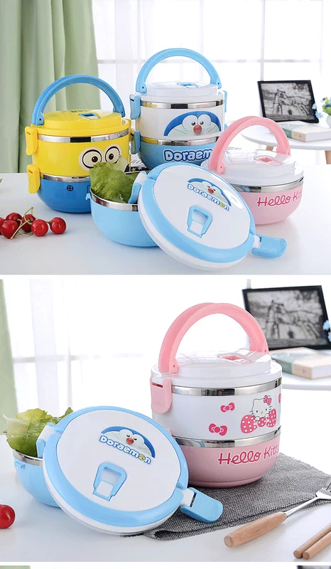Trẻ em bằng thép không gỉ cách nhiệt hộp ăn trưa phim hoạt hình dễ thương trường tiểu học đôi hộp ăn trưa lớp niêm phong hộp ăn trưa cầm tay - Hộp cơm điện sưởi ấm hộp cơm cắm điện