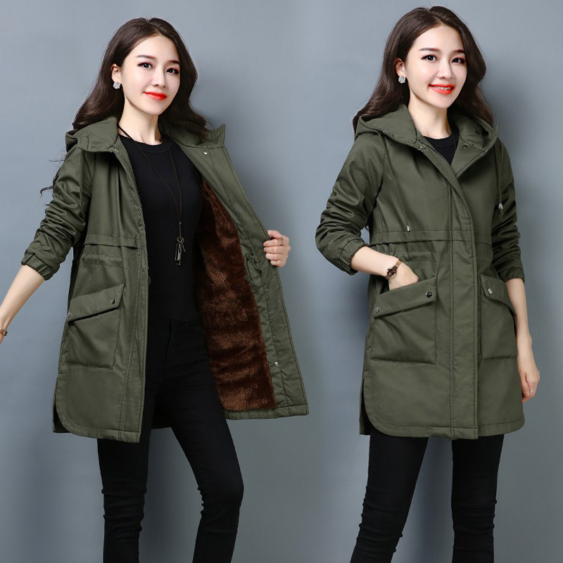 Gush windsurmounted female medium long version Korean version relaxed 2022 New laid cotton jacket Women's clothing Cotton Clothing Casual coat