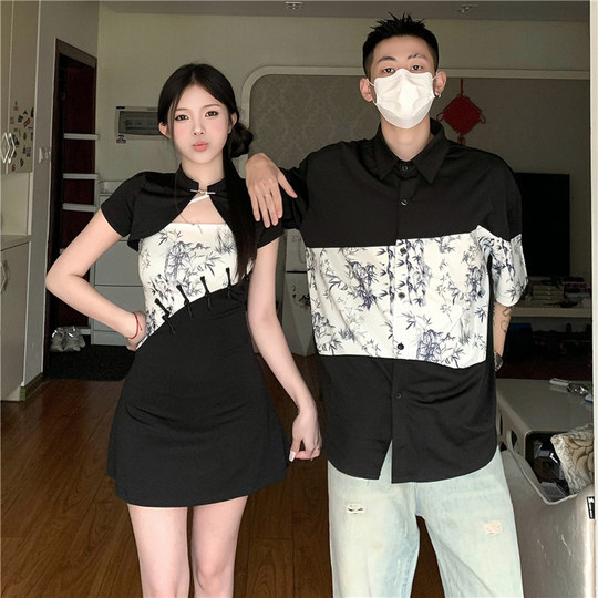 New Chinese style couple clothes summer niche design sense short-sleeved shirt women's cheongsam dress French one skirt one clothes tide