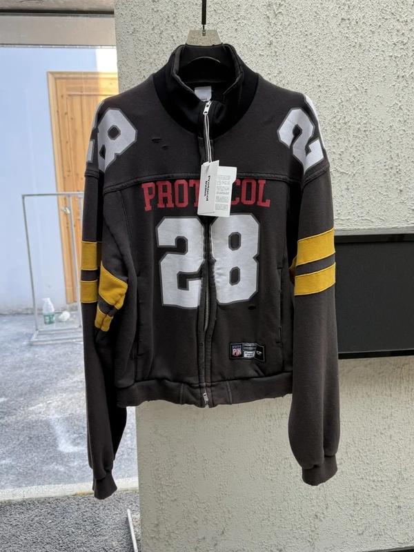 Protocol Index Color-Blocked Washed Distressed Embroidered Patch Sports Jacket American Casual Football Jacket