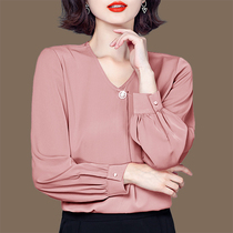 Lady Shirt 2022 Fall New Fashion Mom Pure Color Small Shirt Foreign Air V Collar Mulberry Silk Long Sleeve Blouse Women