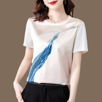 Silk top women's 2021 summer new white T-shirt loose short-sleeved printed Western-style mulberry silk round neck top