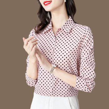 Silk shirt women's 2021 autumn new temperament fashion large size long-sleeved western style mulberry silk polka dot heavy top