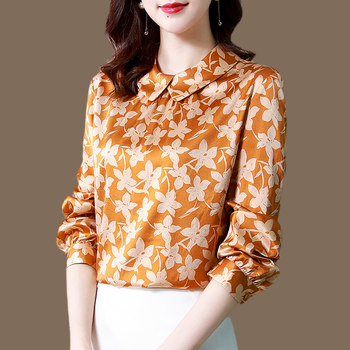 Hangzhou's new satin silk shirt women's Western-style printing 2021 autumn high-end mulberry silk fashion long-sleeved top