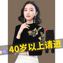 Black gold velvet embroidered undershirt woman 2022 autumn and winter new and semi-high collar for a long sleeve foreign air blouse