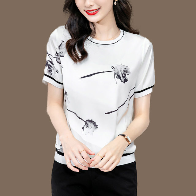 Silk top women's 2021 summer new round neck short-sleeved ink printing temperament casual mother mulberry silk T-shirt