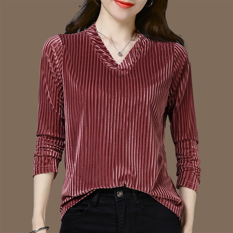 The new shirt in autumn 2022 with striped gold velvet long sleeve T - shirt in autumn 2022