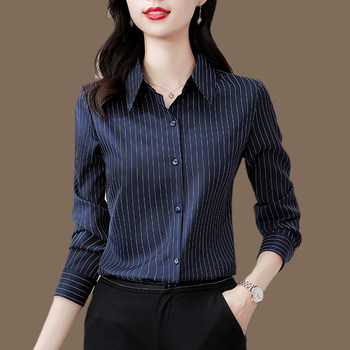 Silk shirt women's 2021 autumn new fashion all-match long-sleeved striped temperament mulberry silk professional wear top