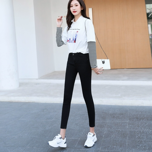 Джинсы, осенние черные штаны, высокая талия, 2020, в корейском стиле, по фигуре, в обтяжку