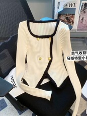 Старинное пальто 名媛小香风气质双排扣针织衫长袖女毛衣不规则设计感短款上衣早春