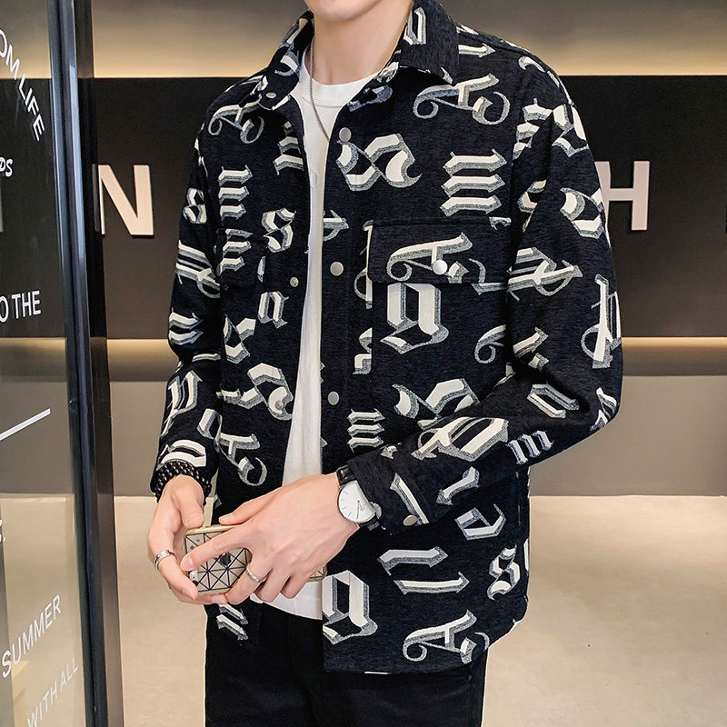Long Sleeve Shirt Male Spring Autumn Season New Body Trend 100 Hitch Printed Jacket Men Thickened Casual Turn-over Shirt