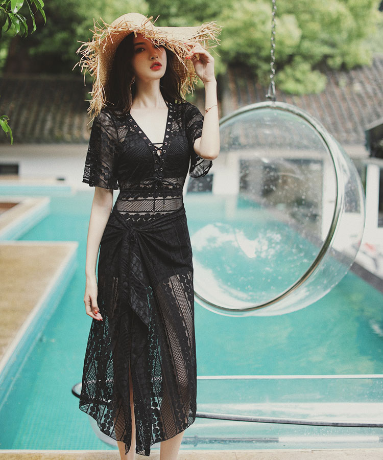 2019 new ins gió áo tắm nữ ba mảnh giảm béo ren đen gợi cảm thu thập kích thước lớn áo tắm mùa xuân nóng bỏng bikini liền thân