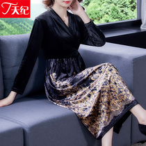Gold Velvet Dress Noble Foreign Air 2022 Spring Dress New Lady Popular lady Temperament Over Knee-down Skirt