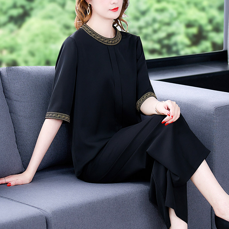True Silk Broadlegged Pants Suit Woman 2022 New Mulberry Silk Heavy-pound fragrance Cloud yarn Mom fashion Two sets of reduced age