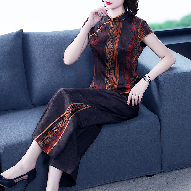 True Silk Broadlegged Pants Suit Woman 2022 New Summer Mom Fragrant Clouds Yarn Tang Dress Fashion Minus two sets high-end