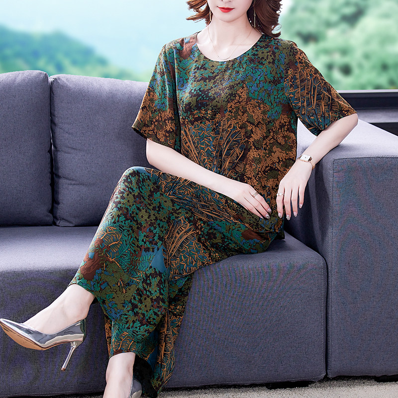 Heavy Pound Genuine Silk Two-piece Style Suit Broadlegged Pants 2022 New Summer Fragrant Cloud Yarn High-end Big Size Women's Clothing Mom Minus Age