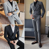 Casual double-breasted suit mens jacket trend slim suit suit mens suit Korean British dress two-piece set