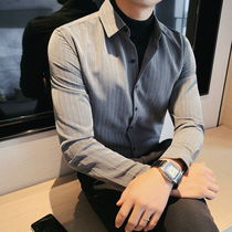 Fake two slim striped shirt mens autumn and winter stitching semi-high neck knitwear business casual mens sweater
