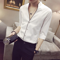 Inlen Half Sleeve Shirt Male Summer Ice Silk Casual Yuppie Handsome Short Sleeve Inch with personality V-collar Coloured blouses