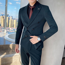 Dark green double-breasted small suit mens fashion party dress slim Korean version of handsome suit mens two-piece autumn and winter