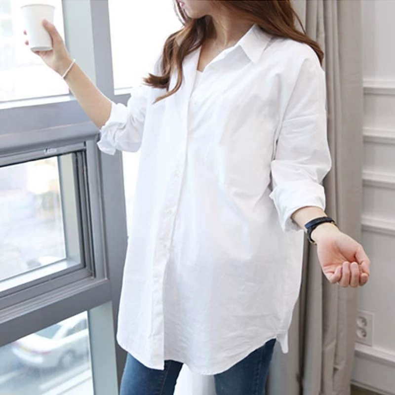 Medium and long white shirt women's 2021 spring and autumn new long-sleeved loose and wild Korean version of the large size design niche shirt