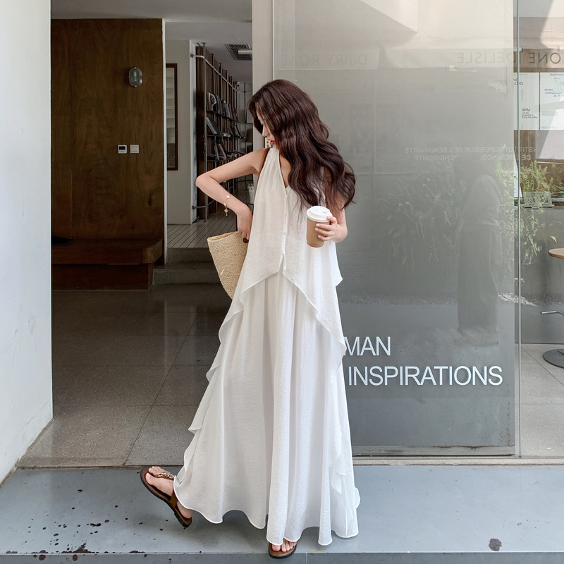White French-Style Vacation Sleeveless Dress for Women, Summer 2026 New Model, Super Fairy-Like Irregular Faux Two-Piece Long Dress