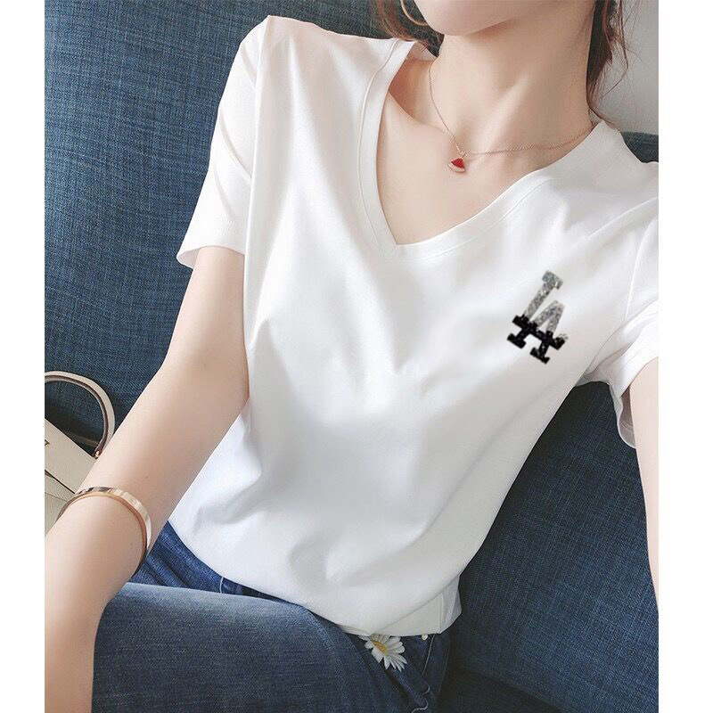 Boomer short sleeve T-shirt woman 2022 Summer new loose white pure cotton V collar foreign bronzed with 100 lap blouse